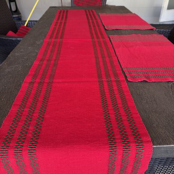 PIER 1 Set Christmas Holiday Red Check Plaid Table Runner 6 Placemats 14" X 72" - Picture 3 of 9